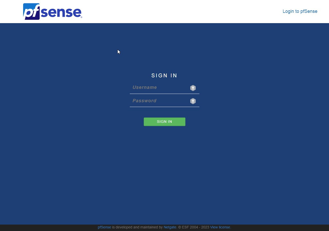 آموزش نصب pfsense - صفحه ورود به رابط کاربری وب pfsense